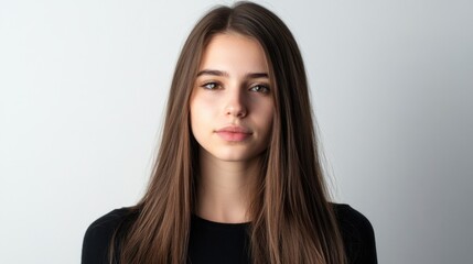 Naklejka premium Long-haired young woman with straight brown hair and neutral expression posing against white background in studio setting.