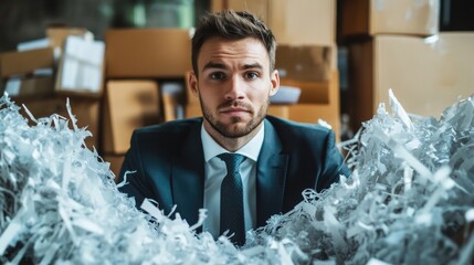 Young caucasian businessman in dark suit and tie surrounded by white shredded paper in office setting with cardboard boxes in background.