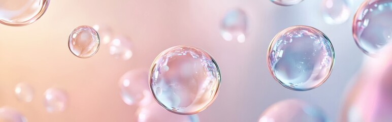 Obraz premium Elegant minimalist mockup background with space for text decorated with floating translucent bubbles and a light pastel gradient, ideal for spa, wellness, or self-care branding