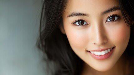 Fototapeta premium Close-up portrait of a smiling young woman with dark hair and radiant skin highlighting natural beauty and confidence.