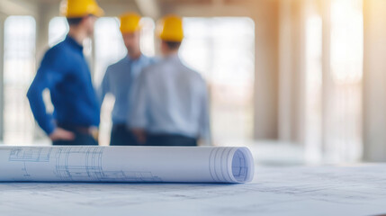 Construction professionals discussing blueprints on-site.