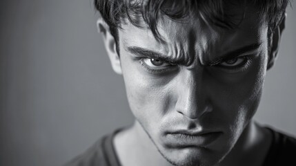 intense portrait of young adult man with furrowed brow and fierce expression showing anger against gray background in black and white tones