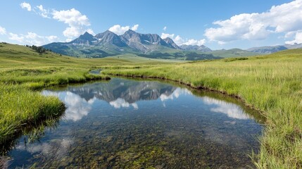 Fototapeta premium Mountain reflection in calm stream, summer meadow
