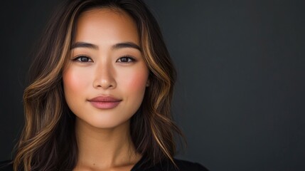 Obraz premium Asian woman with honey skin tone showcasing a natural beauty pose in a studio setting with soft lighting and a dark background.