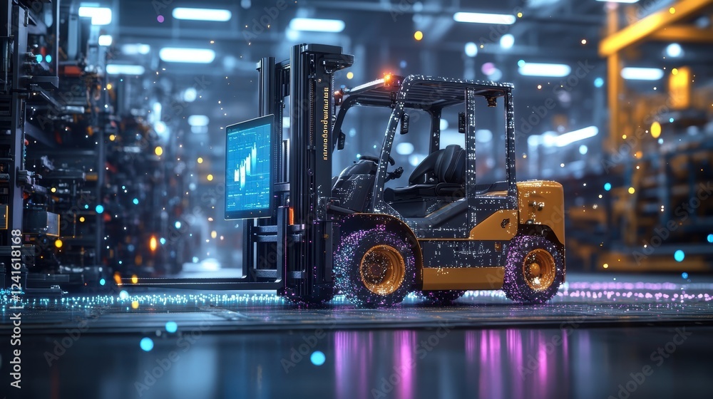 Poster autonomous forklift operating within a smart factory, displaying performance graphs on a digital scr