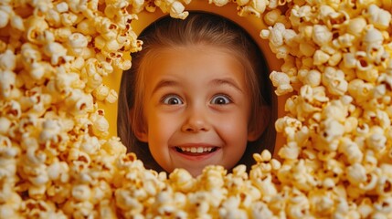 Obraz premium Excited young girl with blonde hair peeking through a round popcorn-filled frame displaying joy and curiosity while enjoying a cinema experience.