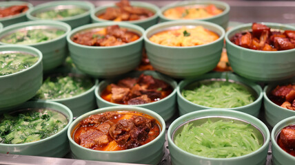 Small turquoise Bowls of Chinese Fast Food Portions of Different dishes such as Pork, vegetables, smashed eggs, greens