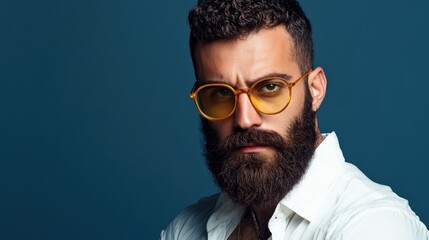 Obraz premium Bearded man wearing a white shirt and yellow sunglasses against a deep blue background showcasing modern fashion and confident expression