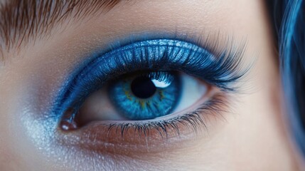 Obraz premium Close-up of a woman's eye featuring long blue ombre eyelashes and vibrant eyeshadow highlighting beauty and eyelash extension artistry.
