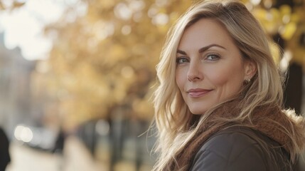 Fototapeta premium Blonde adult woman in autumn park smiling softly with golden leaves in the background showcasing a warm, vibrant outdoor portraiture.