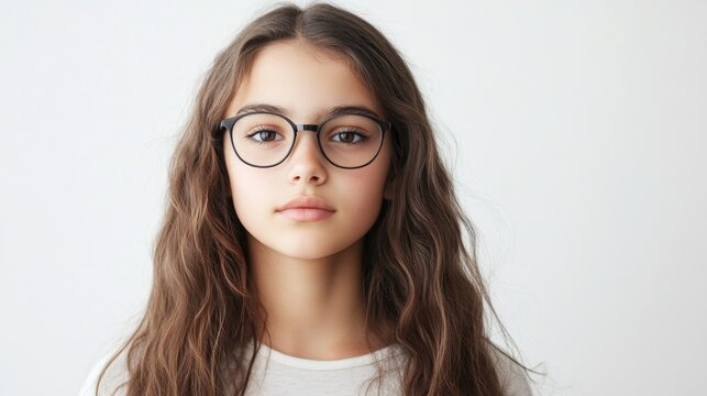 Confident teenage girl with long wavy brown hair wearing glasses against a bright white background, showcasing youthful beauty and poise.