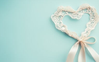 Mockup background with space for text featuring a delicate lace ribbon forming a heart shape over a soft pastel backdrop for a vintage romantic aesthetic for Saint Valentines Day and 8 March 