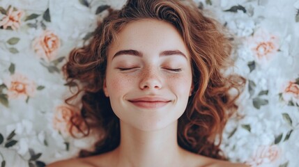 Joyful young woman with closed eyes happily resting on a serene floral backdrop showcasing tranquility and natural beauty.