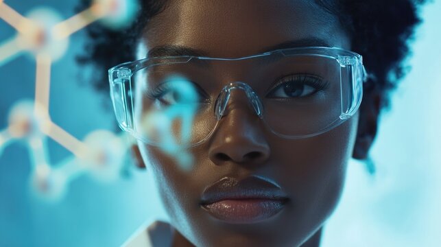 Chemical Formula Overlay on African American Female Doctor with Clear Safety Glasses in a Blue Digital Health Laboratory Environment - Powered by Adobe