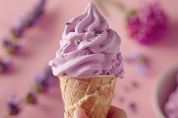 Female hand holding a honey lavender ice cream cone, white background, highlighting the unique flavor combination and pastel colors