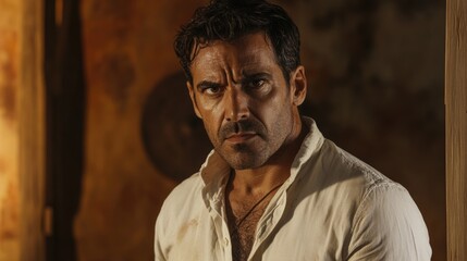 Obraz premium Serious middle-aged man in a white shirt gazing intently with a strong expression in a rustic indoor setting featuring warm earthy tones.