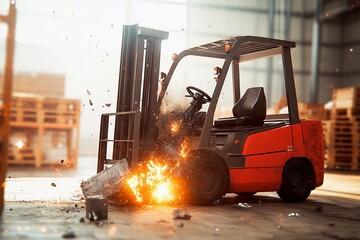Forklift accident sparks flames in a busy warehouse during daylight hours