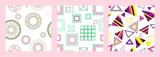 Seamless pattern of geometric shapes. Bright seamless pattern. Set of 3 patterns. Design for fabric, wallpaper, wrapping paper. Vector