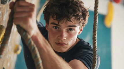 Focused young male athlete climbing a rope on a climbing wall in a bright gym setting with colorful grips and textured surfaces.