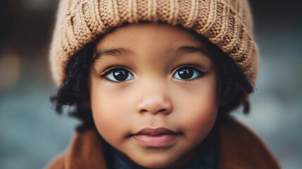 Close-up portrait of an African American boy aged 5 with curly hair wearing a beige knitted beanie, showcasing expressive eyes and a warm smile.