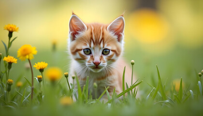 Obraz premium Curious Kitten Grass Wildflowers Outdoor Scene Background