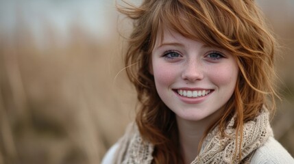 Fototapeta premium Smiling young woman with wavy auburn hair and light skin, wearing a cozy cream sweater, set against a blurred natural background in autumn tones.