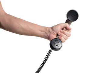 Telephone receiver in hand isolated on white background.