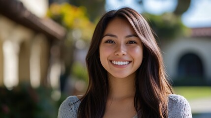 Portrait of a smiling young Asian Hispanic woman with long dark hair in a sunny outdoor college campus setting surrounded by greenery.