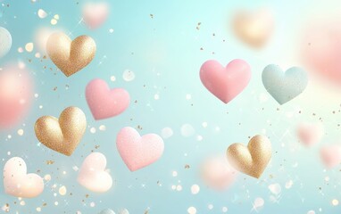 Elegant mockup background with space for text decorated with floating pastel hearts and a subtle golden sparkle overlay for Saint Valentines Day and 8 March International Womens Day