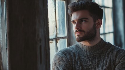 Obraz premium Handsome young man in gray wool sweater standing in old building next to large window, deep in thought with natural light illuminating his face.