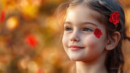 Portrait of joyful young girl with braided hair and red rose appliques on her face, set against a warm autumn nature background in golden tones.