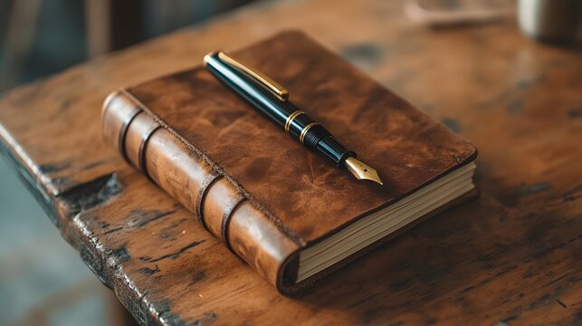 A leather-bound journal with a pen on top of it
