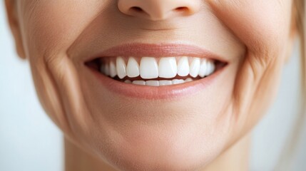 Fototapeta premium Close-up of a smiling elderly woman with fine wrinkles and bright white teeth on a soft light background, showcasing grace and joy in aging