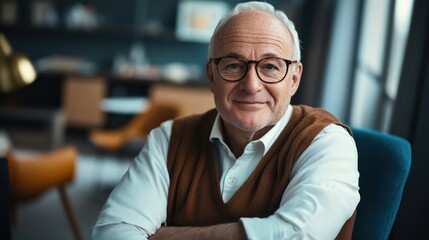 Confident senior businessman smiling in modern office setting with warm tones and stylish decor, engaging with coworkers in collaborative atmosphere