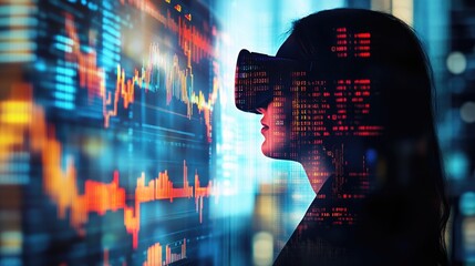 Profile of a woman wearing a black VR headset immersed in vibrant blue and red financial data visualizations representing global business connections and data processing