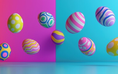 Obraz premium Modern mockup background with space for text featuring neon-colored Easter eggs floating over a futuristic gradient backdrop for Easter
