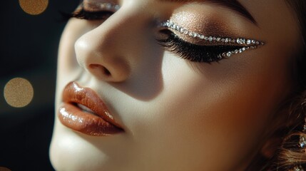 Glamorous female model with closed eyes showcasing rhinestone lip makeup and dramatic false eyelashes in a luxurious studio setting with soft bokeh highlights