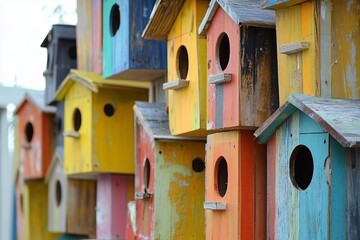 Vibrant wooden birdhouses in various colors, arranged in a cluster. Rustic style, captured outdoors. Concept of nature and home