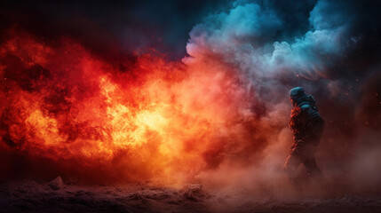 An astronaut is seen walking through a cloud of colorful smoke and fiery hues, symbolizing exploration, danger, and the expansive journey into the unknown realms of space.