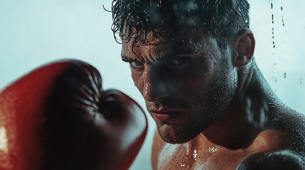 Intense male boxer with wet skin wearing red boxing gloves ready for action in a dramatic, low-light setting with a focused expression.