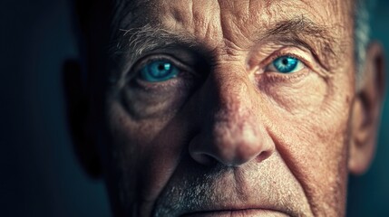 Obraz premium Close-up portrait of a mature man with intense blue eyes, showcasing deep wrinkles and textured skin against a soft dark background, reflecting wisdom and experience.