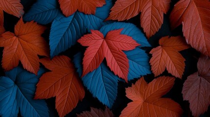 Autumnal Symphony: A vibrant tableau of fallen leaves in shades of red, and blue, creating a captivating display of natural beauty.