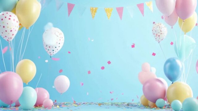 A festive setting features an array of balloons in various colors and sizes, surrounded by scattered confetti and decorative banners, creating a joyful ambiance for celebrations.