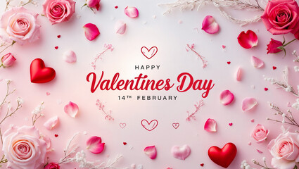 Happy Valentines Day Typography with Beautiful Floral Background, White and Red Roses pastels Romantic Valentine’s Backdrop with Heart and Floral Accent Greeting Card Cover Design Banner Template
