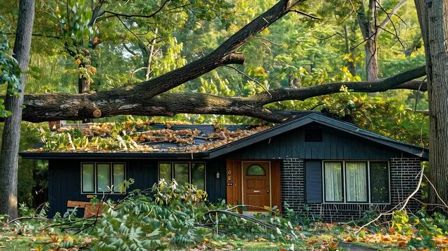Fallen tree branch on a house roof after a storm, causing damage and creating a hazardous situation with debris scattered around.