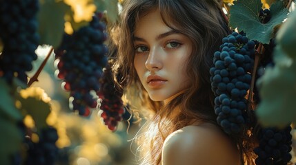 Fototapeta premium Young woman with long wavy hair gazing softly among lush green grapevines and clusters of dark purple grapes in serene vineyard setting