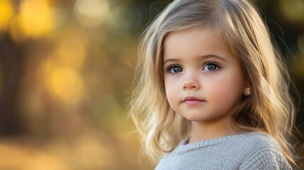 Fototapeta premium Charming portrait of a preschool-aged girl with long wavy hair, wearing a cozy sweater, in a sunlit park with autumn foliage background.
