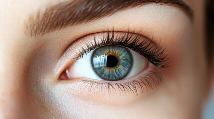 Obraz premium Professional close-up portrait of a woman's eye showcasing long eyelash extensions, highlighting blue-green iris and well-groomed eyebrows, soft natural lighting.