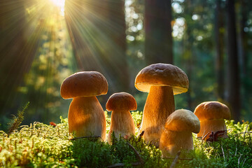 Fototapeta premium Three porcini mushrooms bathed in golden sunlight, thriving in a mossy forest clearing at sunset 