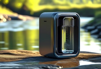 Modern water purifier placed on a rock near a serene riverbank during daylight hours